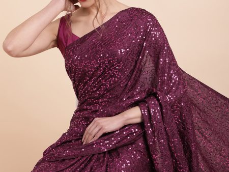 Sangria Burgundy Embellished Sequinned Pure Georgette Saree Online Sale