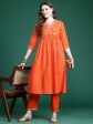 Women Orange Embroidered A-Line Kurta Trousers Set - Taantav on Sale