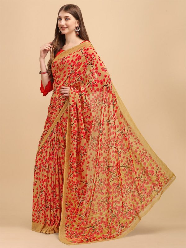 Sangria Beige & Peach-Coloured Floral Printed Georgette Saree Online Sale