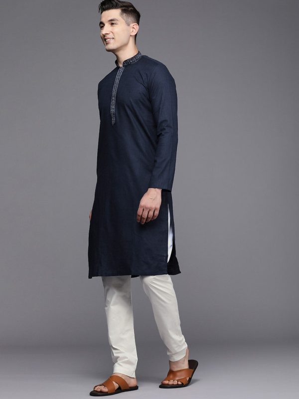 Manyavar Men Blue Solid Pure Cotton Kurta with Churidar Cheap