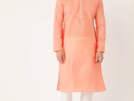 Manyavar Men Peach-Coloured & White Self Design Kurta with Churidar Discount