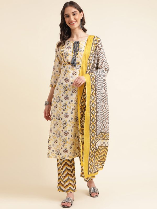 Sangria Beige Floral Printed Mirror Work Pure Cotton Kurta With Trousers & Dupatta For Discount