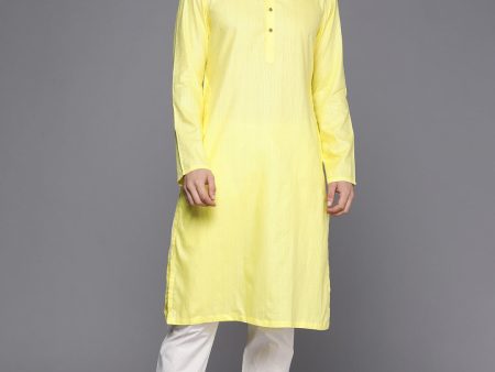 Manyavar Men Yellow Pure Cotton Mandarin Collar Kurta Set Online