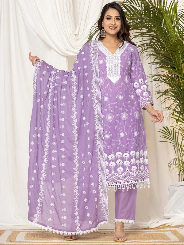 Women Lavender Embroidered Straight Kurta Trousers Set - Taantav For Discount