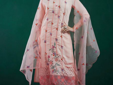 Women Peach Embroidered Straight Kurta Trousers With Dupatta Set - Taantav Online Sale