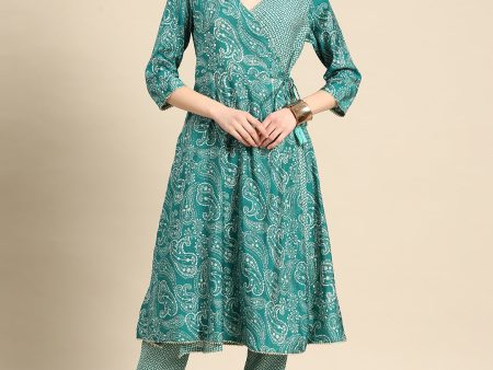 Sangria Women Turquoise Blue Paisley Printed Angrakha Gotta Patti Kurta with Trousers Online now