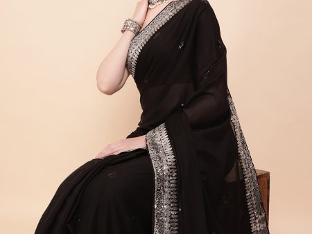 Sangria Black & Silver-Toned Embellished Sequinned Pure Georgette Saree For Cheap