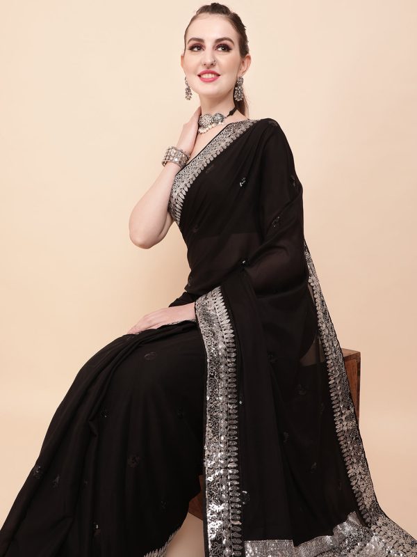 Sangria Black & Silver-Toned Embellished Sequinned Pure Georgette Saree For Cheap