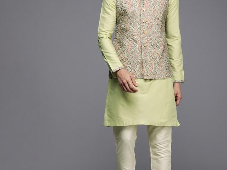 Manyavar Men Green & Off-White Solid Kurta & Churidar with Nehru Jacket Fashion