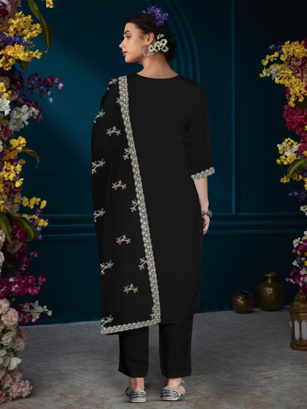 Women Black Straight Embroidered Kurta Trousers With Dupatta Set - Taantav Online Sale