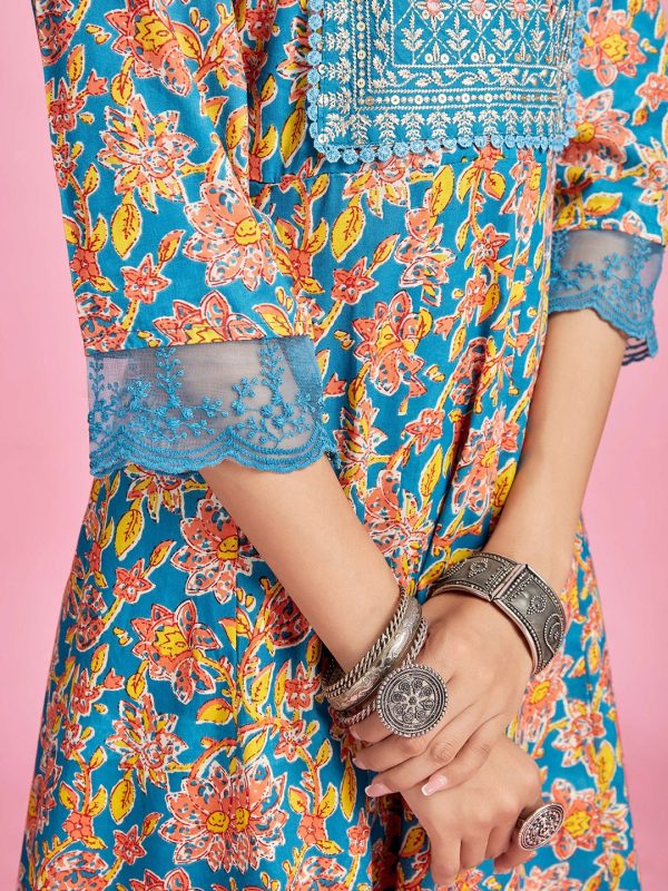 Sangria Blue Floral Printed Thread Work A-Line Kurta & Trouser With Dupatta Online