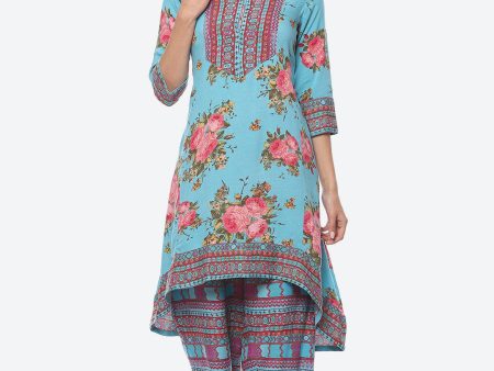 Biba Band Collar Floral Printed A-line Kurta With Palazzos Sale