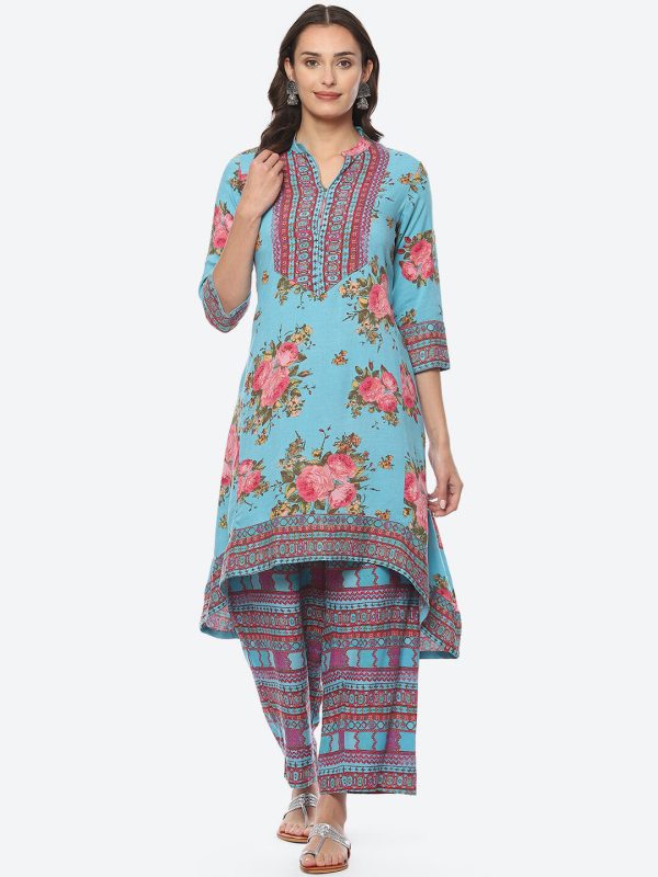 Biba Band Collar Floral Printed A-line Kurta With Palazzos Sale