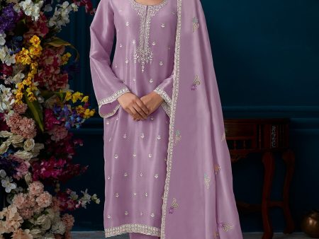 Women Lavender Straight Embroidered Kurta Trousers With Dupatta Set - Taantav Cheap