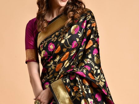 Sangria Black & Pink Floral Zari Silk Blend Banarasi Saree Online Hot Sale