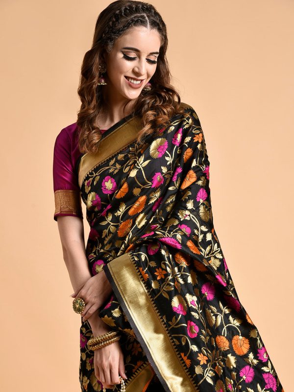 Sangria Black & Pink Floral Zari Silk Blend Banarasi Saree Online Hot Sale