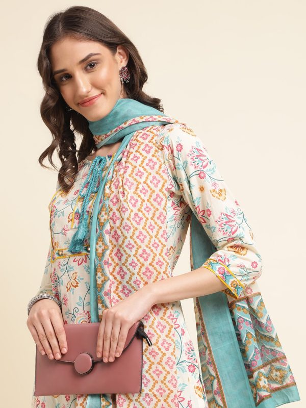 Sangria Beige & Blue Floral Printed Pure Cotton Kurta & Trouser With Dupatta Cheap