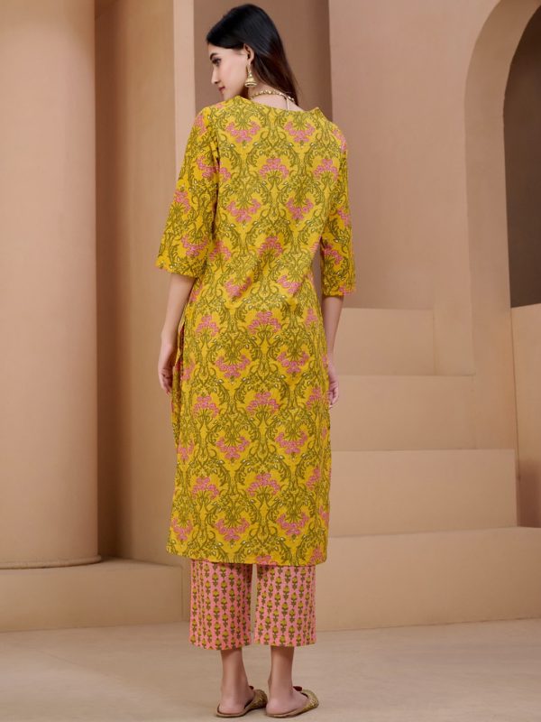 Sangria Yellow & Peach Floral Printed Pure Cotton Straight Kurta With Trousers & Dupatta Online now