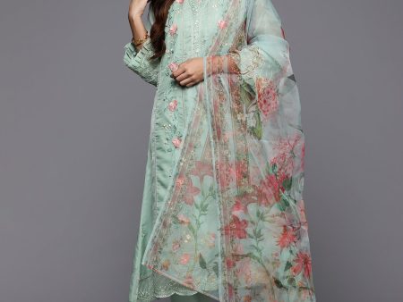 Women Sea Green Embroidered Straight Kurta Trousers With Dupatta Set - Taantav Online now