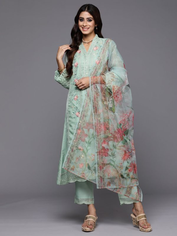 Women Sea Green Embroidered Straight Kurta Trousers With Dupatta Set - Taantav Online now