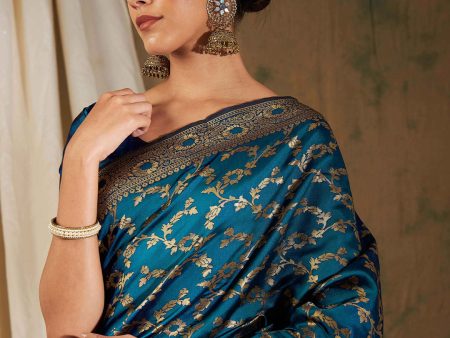 Sangria Blue Floral Woven Design Zari Kanjeevaram Saree Supply