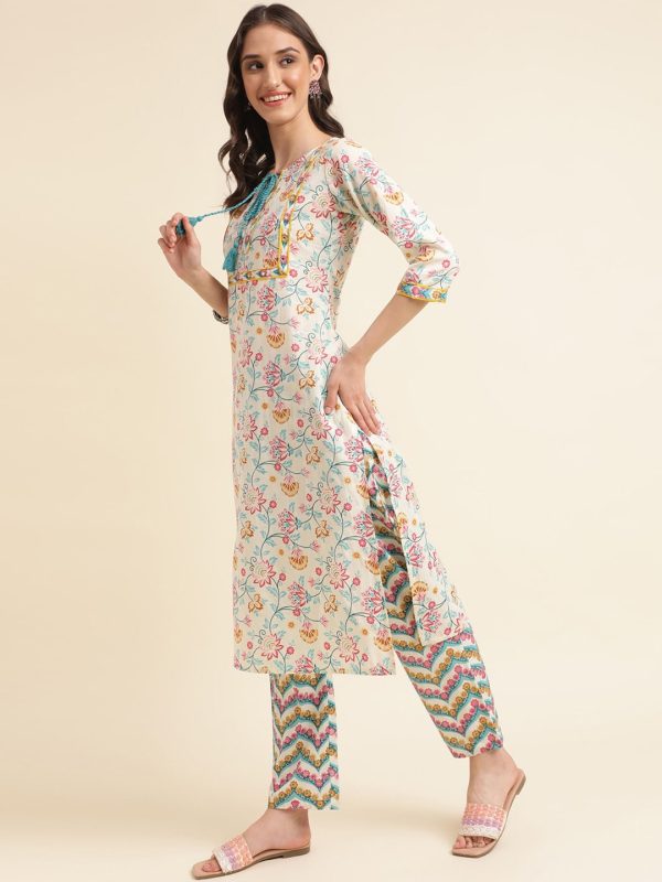 Sangria Beige & Blue Floral Printed Pure Cotton Kurta & Trouser With Dupatta Cheap