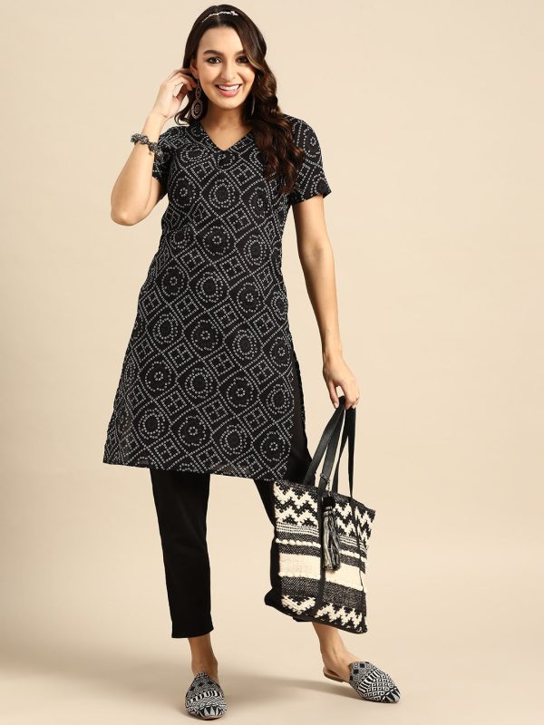 Sangria Bandhani Printed V-Neck Kurta with Trousers on Sale