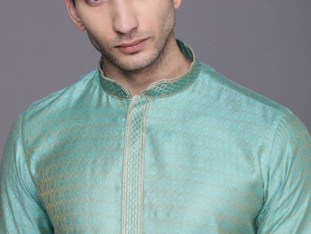 Manyavar Men Turquoise Blue Ethnic Motifs Regular Kurta with Pyjamas Online now