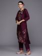 Women Wine Embroidered Straight Kurta Trousers With Dupatta Set - Taantav Fashion