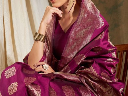 Sangria Burgundy & Gold-Toned Ethnic Motifs Woven Design Zari Silk Blend Banarasi Saree For Sale