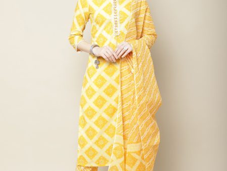 Sangria Women Yellow Printed Thread Work Pure Cotton Kurta with Trousers Online now