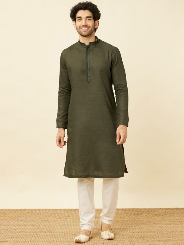 Manyavar Mandarin Collar Thread Work Pure Cotton Kurta & Pyjamas Cheap