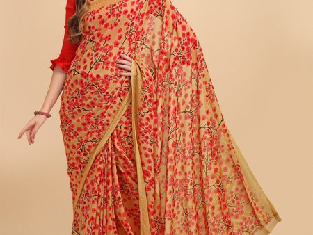 Sangria Beige & Peach-Coloured Floral Printed Georgette Saree Online Sale