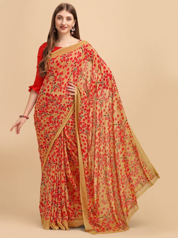 Sangria Beige & Peach-Coloured Floral Printed Georgette Saree Online Sale