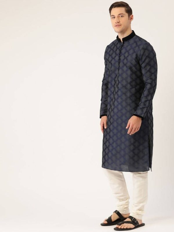 Manyavar Men Navy Blue & Off-White Printed Kurta with Churidar Online Hot Sale