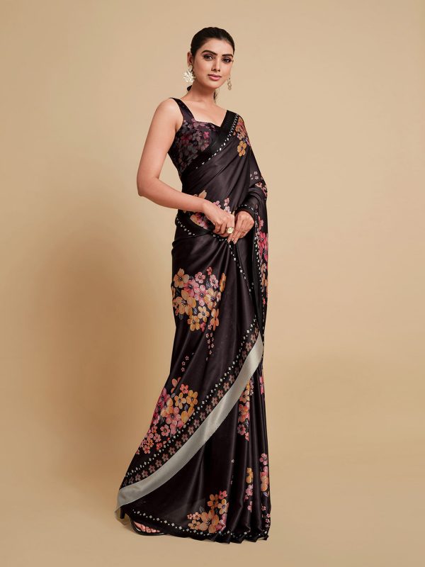 Sangria Black & Burgundy Floral Zari Satin Saree Fashion