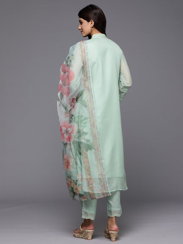 Women Sea Green Embroidered Straight Kurta Trousers With Dupatta Set - Taantav Online now