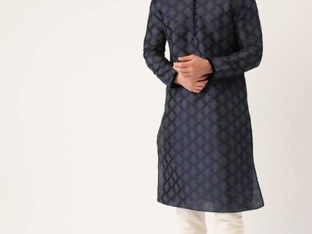 Manyavar Men Navy Blue & Off-White Printed Kurta with Churidar Online Hot Sale