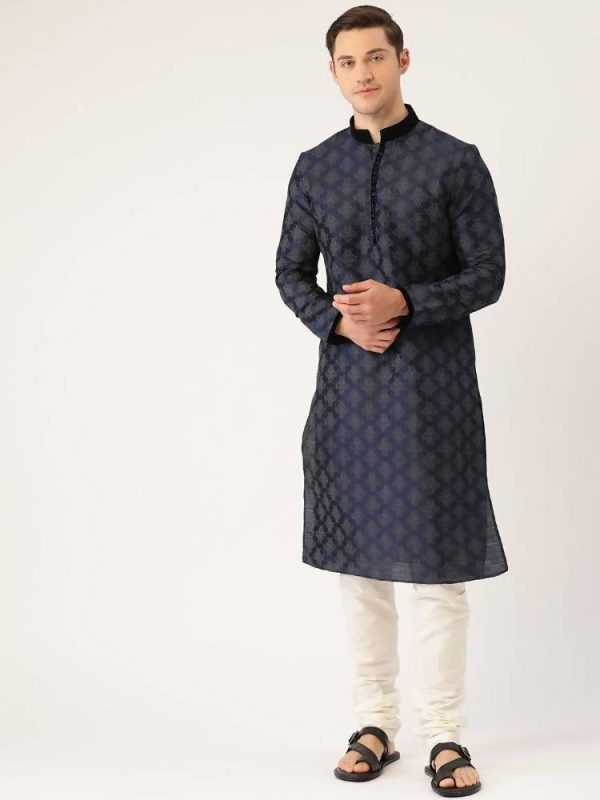 Manyavar Men Navy Blue & Off-White Printed Kurta with Churidar Online Hot Sale