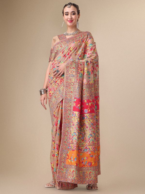 Sangria Beige & Orange Floral Woven Design Pure Silk Saree Online