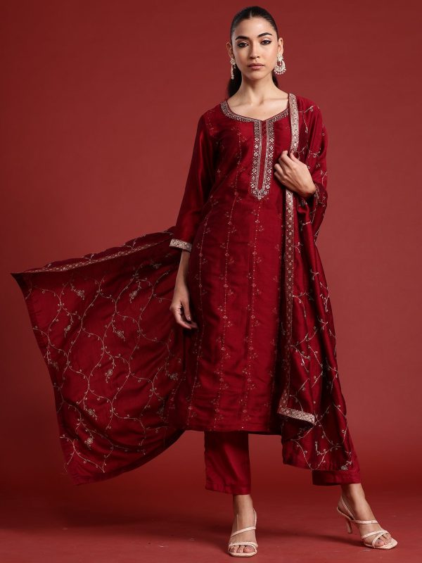 Women Maroon Embroidered Straight Kurta Trousers With Dupatta Set - Taantav Online