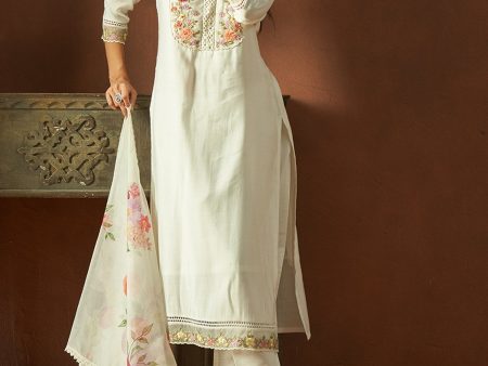 Women White Embroidered Straight Kurta Trousers With Dupatta Set - Taantav For Cheap