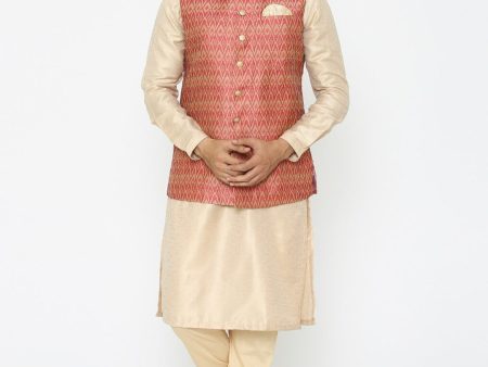 Manyavar Men Pink & Beige Self Design Kurta with Churidar & Nehru Jacket Online Sale