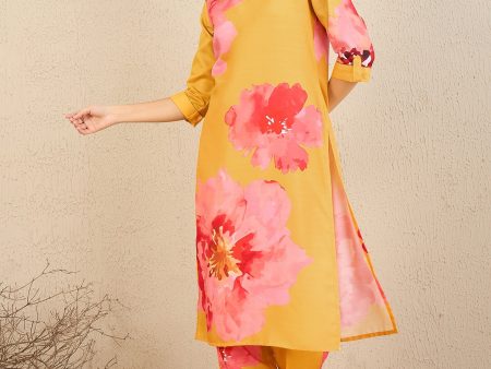 Women Yellow Printed Straight Kurta Trousers Set - Taantav Online Hot Sale