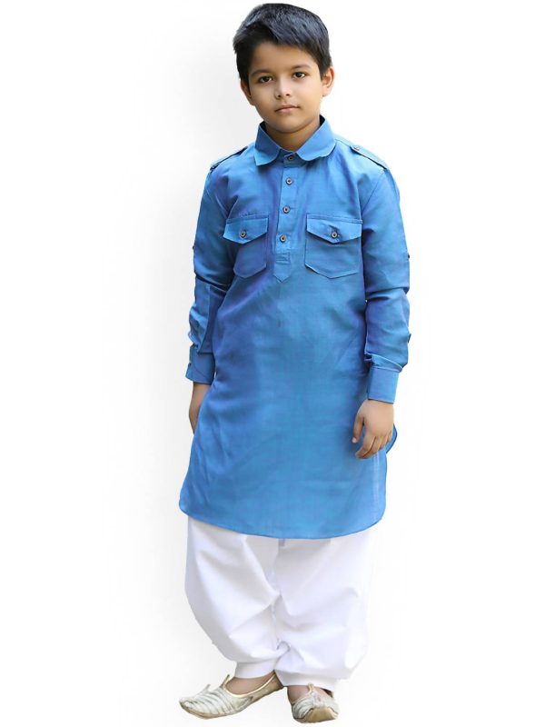 Manyavar Boys Blue Solid Cotton Blend Kurta Set on Sale