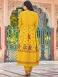 Sangria Yellow Floral Printed & Mirror Work Cotton Anarkali Kurta With Trouser & Dupatta Sale