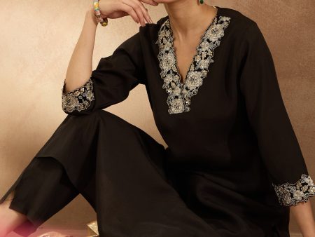 Women Black Embroidered Straight Kurta Trousers Set - Taantav Online Hot Sale