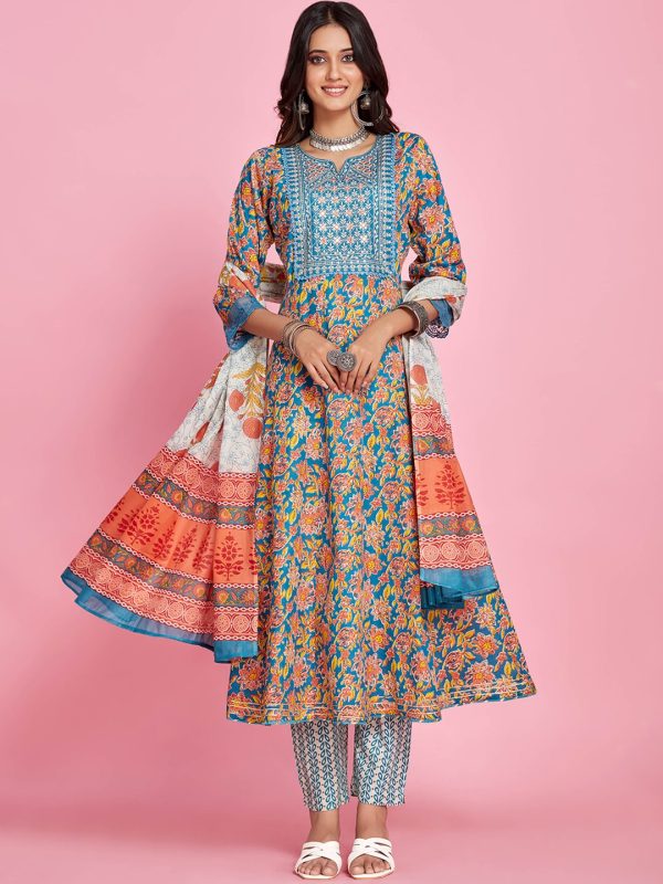 Sangria Blue Floral Printed Thread Work A-Line Kurta & Trouser With Dupatta Online