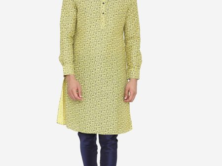 Manyavar Men Yellow & Navy Blue Printed Straight Kurta Cheap