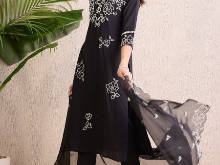 Women Black Embroidered Straight Kurta Trousers With Dupatta Set - Taantav Online Hot Sale